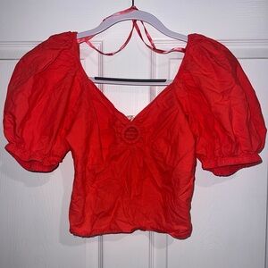 Vibrant Coral Puff Sleeve Crop Blouse